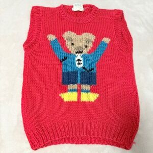 Cherry Stix Vintage Teddy Bear Sweater Vest Women Red Size M Hand Knit Acrylic